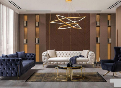 Chesterfield Sofagarnitur Dreisitzer Sessel Blau Luxus Set 3tlg 3+3+1